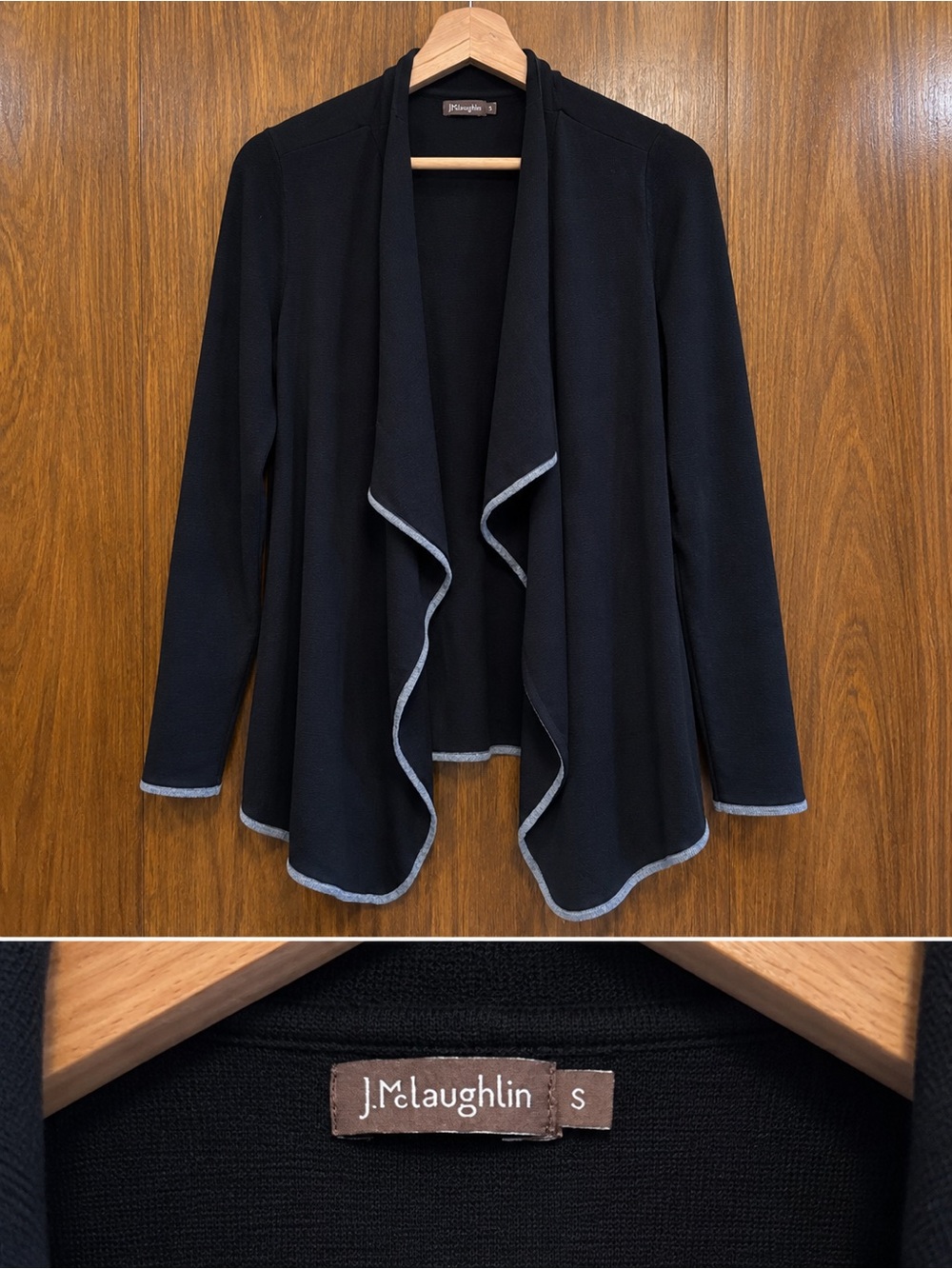 J. McLaughlin Black Open-Front Cardigan with Light Gray Trim